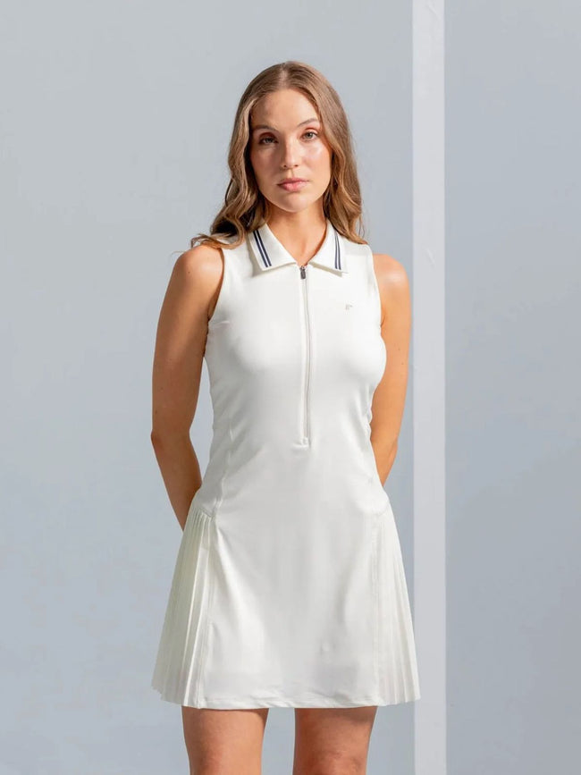 Vestido Tipo Polo Con Falda Plisada, Color Marfil Para Mujer