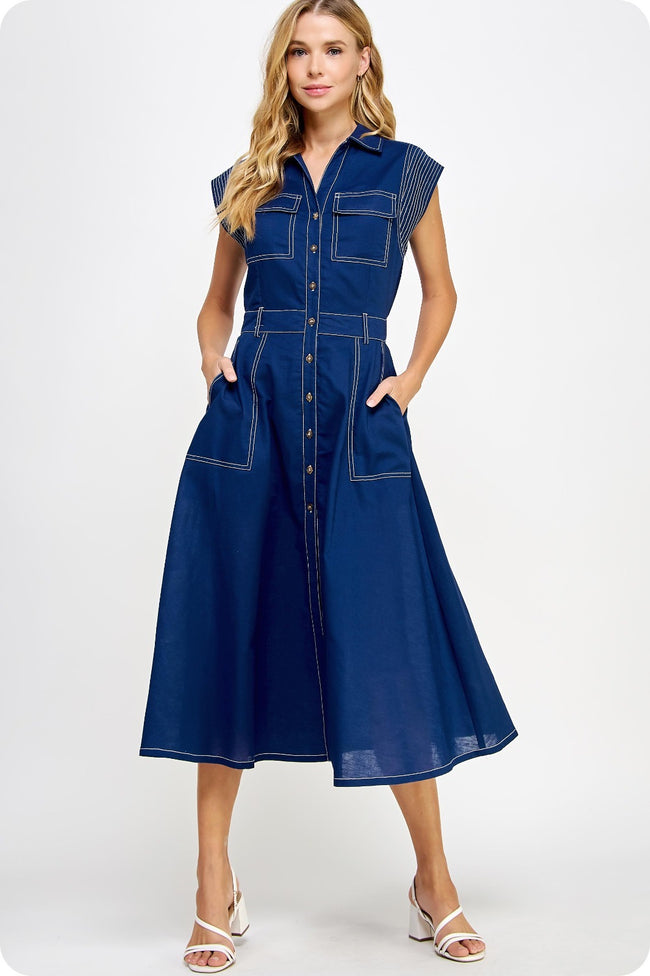 Vestido Midi Azul Estilo Camisero