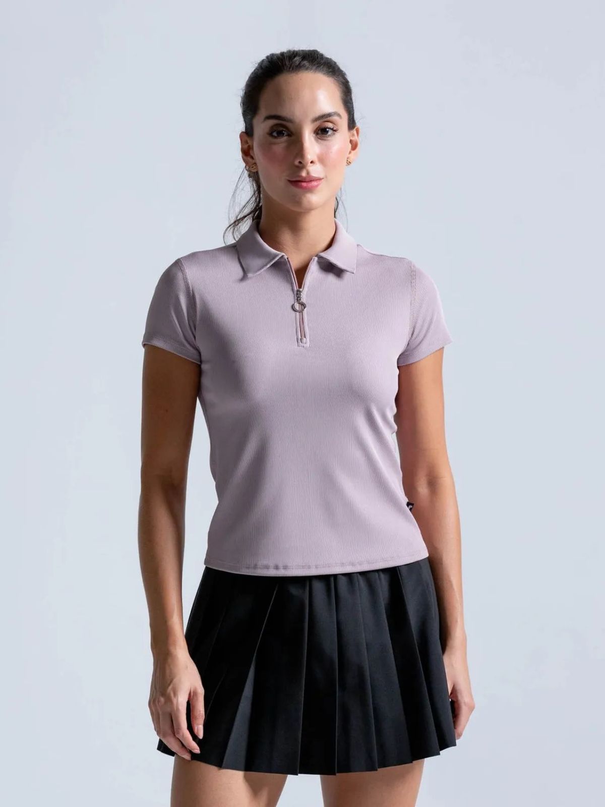 Polo En Tela Acanalada Y Con Cremallera, Color Mora Para Mujer