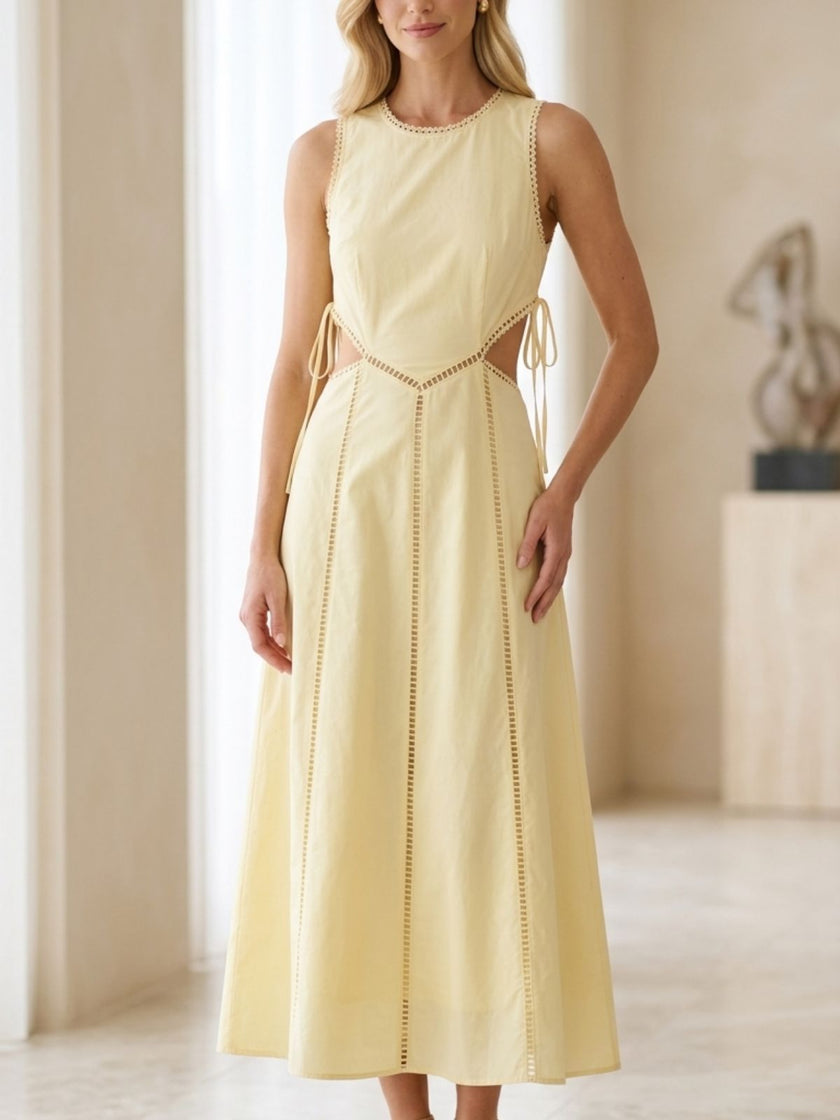 Vestido Midi Lino Amarillo con Aberturas y Bolsillos