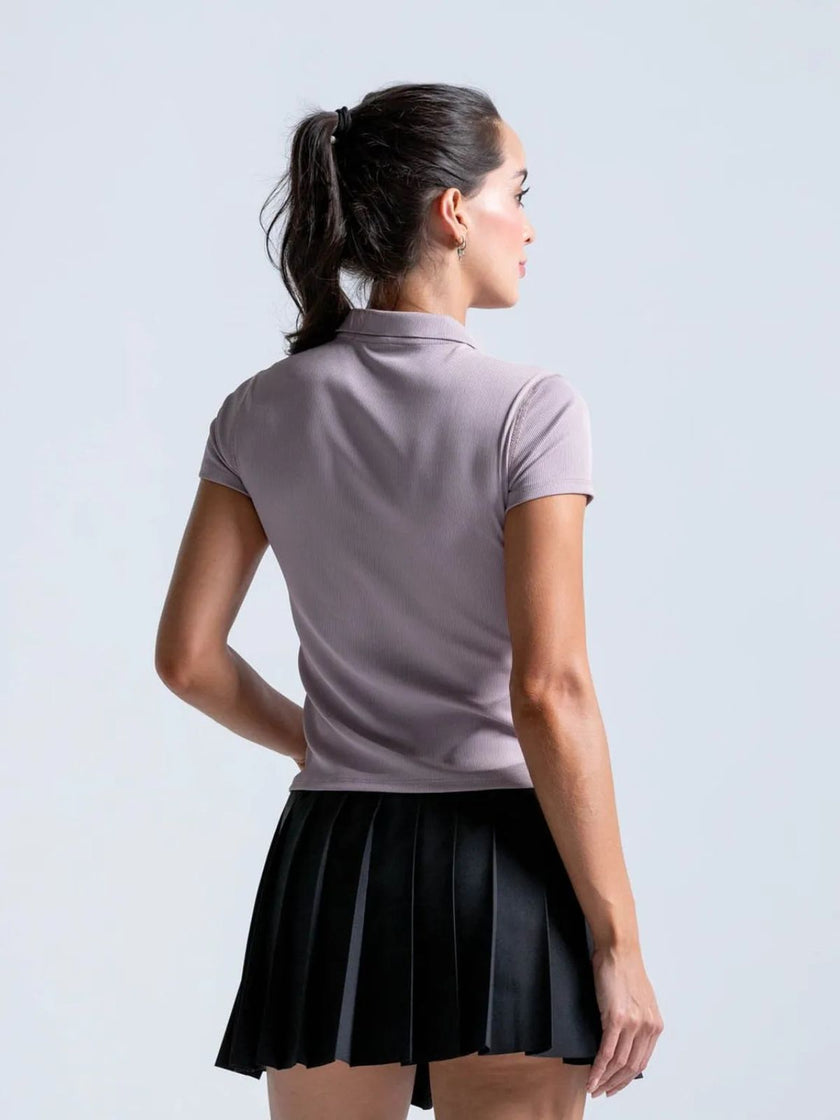 Polo En Tela Acanalada Y Con Cremallera, Color Mora Para Mujer